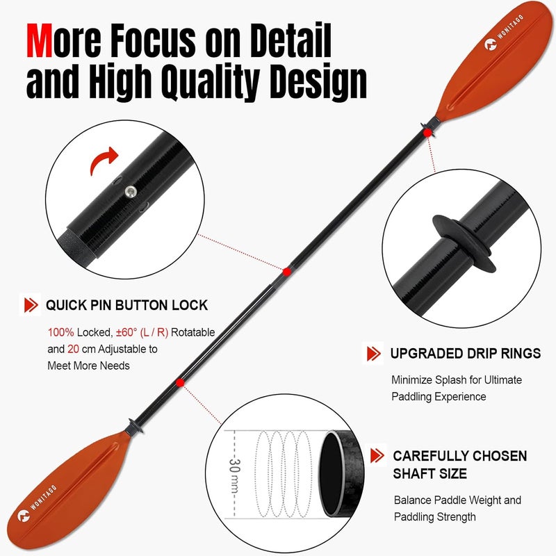 WONITAGO Kayak Paddles with Fiberglass Shaft and Reinforced PP Blade, Floating Adjustable Kayaking Oars, 3 Piece, 220-240 cm/86-94 Inches, 240-260 cm/94-102 Inches - Image 4